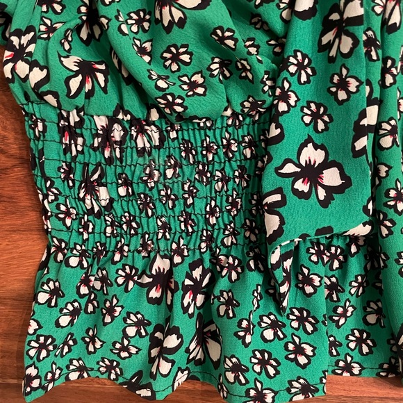 Topshop Green Floral Short Puff Sleeve V-Neck Tie Blouse Cinch Waist Cropped 8 - Picture 9 of 9
